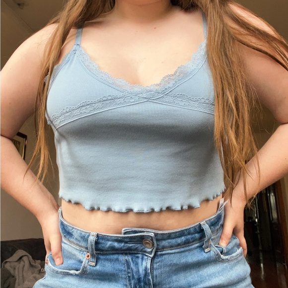blue ribbed lace tank top - Picture 1 of 6